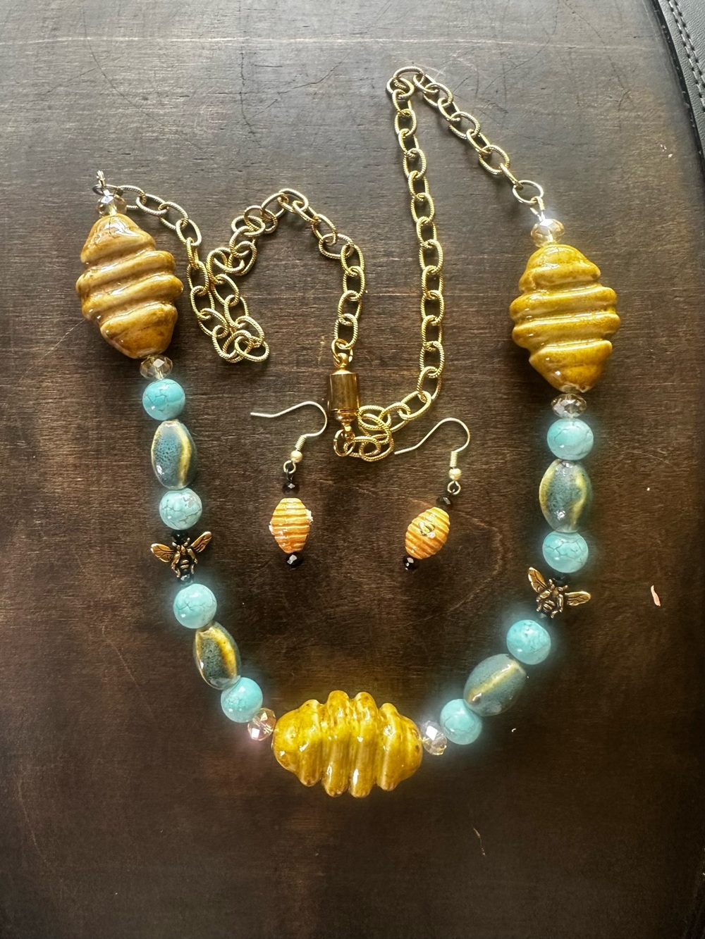 Hand Crafted Bumble Beehive Beaded Necklace and Earrings